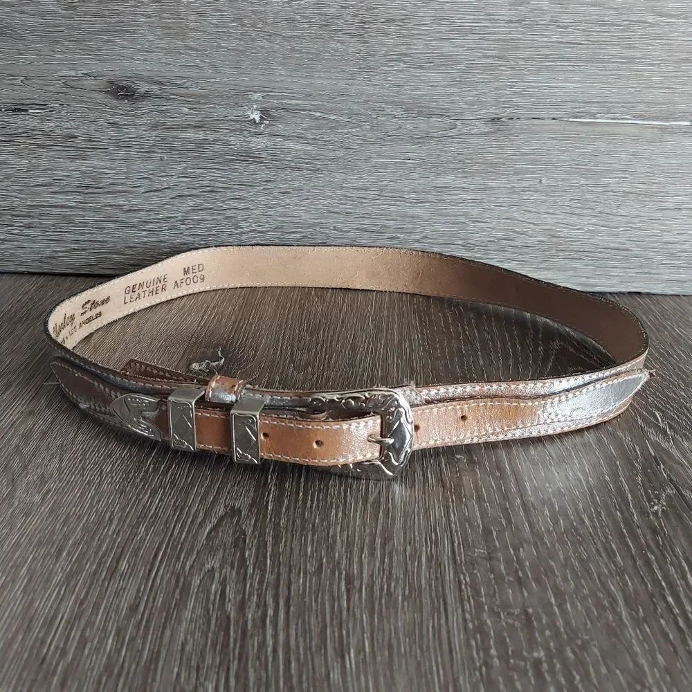 Charley Stone Embossed Leather Ranger Belt - Tan With Silver - Medium